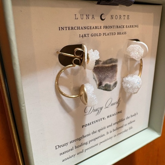 NWT Luna Norte 14K Gold Plated Druzy Quartz Drop Earring Set - Comes w/ Box - Picture 4 of 4
